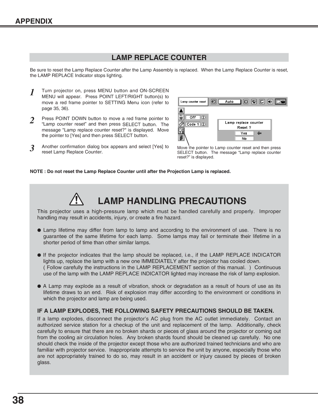 Eiki LC-NB4S owner manual Lamp Handling Precautions, Appendix Lamp Replace Counter 