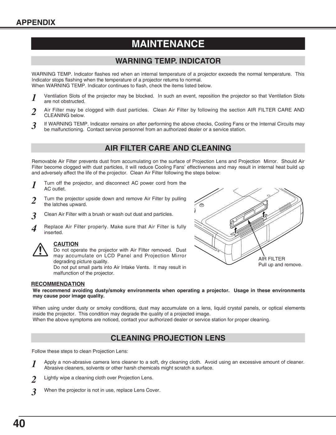 Eiki LC-NB4S owner manual Maintenance, AIR Filter Care and Cleaning, Cleaning Projection Lens, Recommendation 