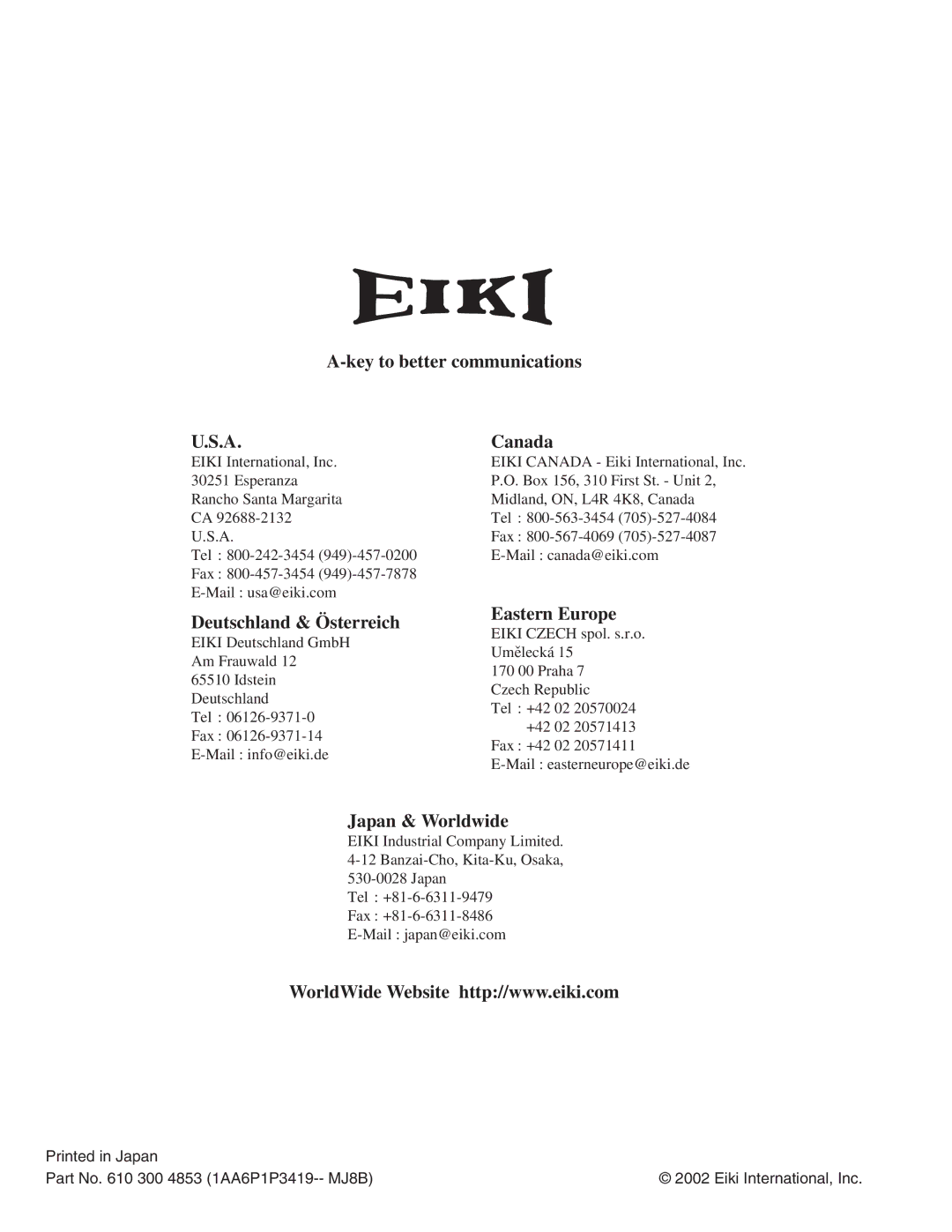 Eiki LC-NB4S owner manual Key to better communications Canada 