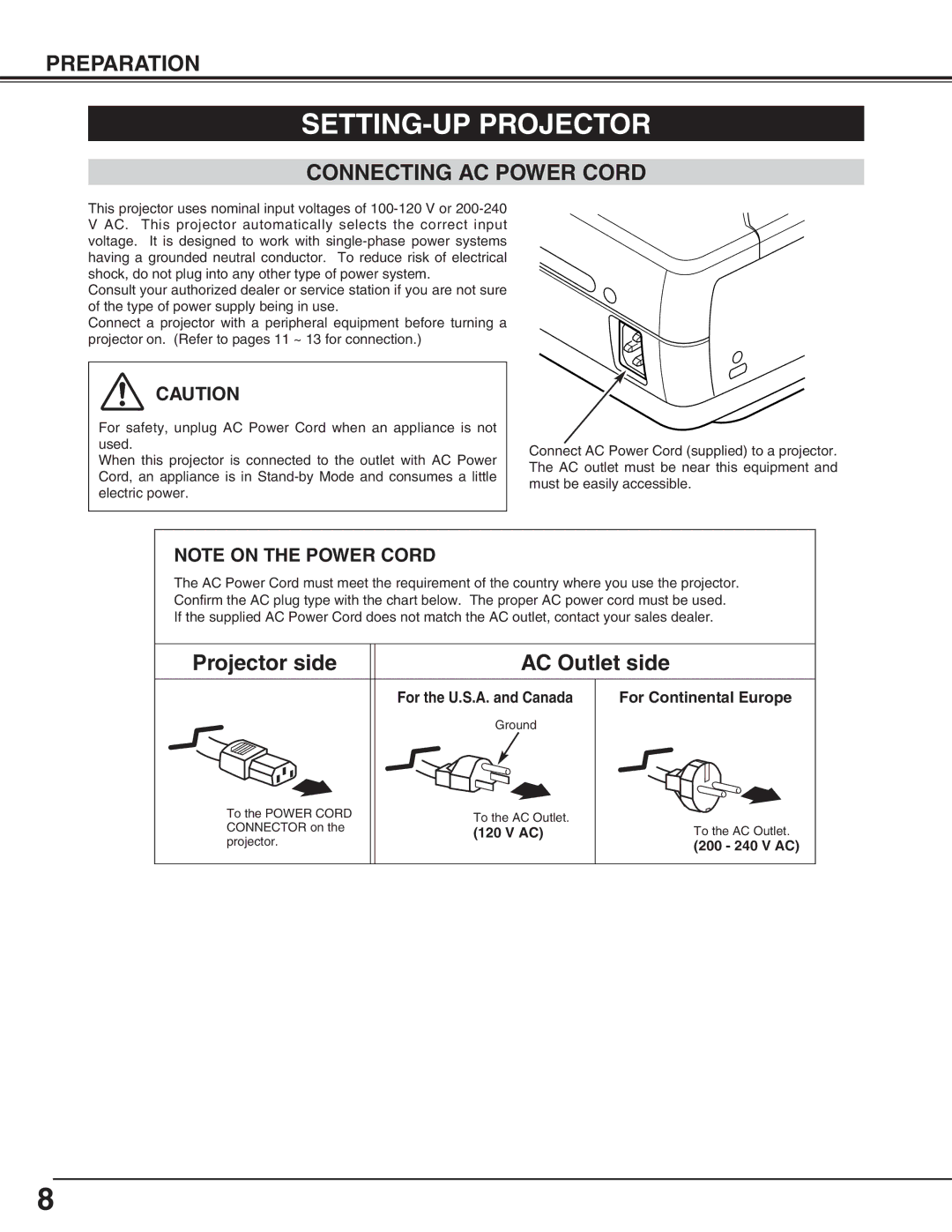 Eiki LC-NB4S owner manual SETTING-UP Projector, Connecting AC Power Cord, For Continental Europe 