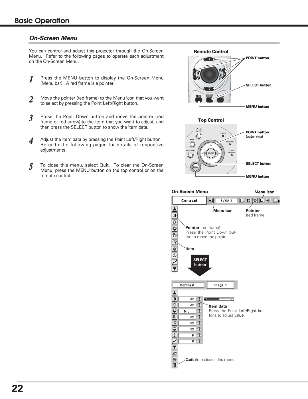 Eiki lc-sb15 owner manual On-ScreenMenu, Basic Operation, Remote Control, Top Control 