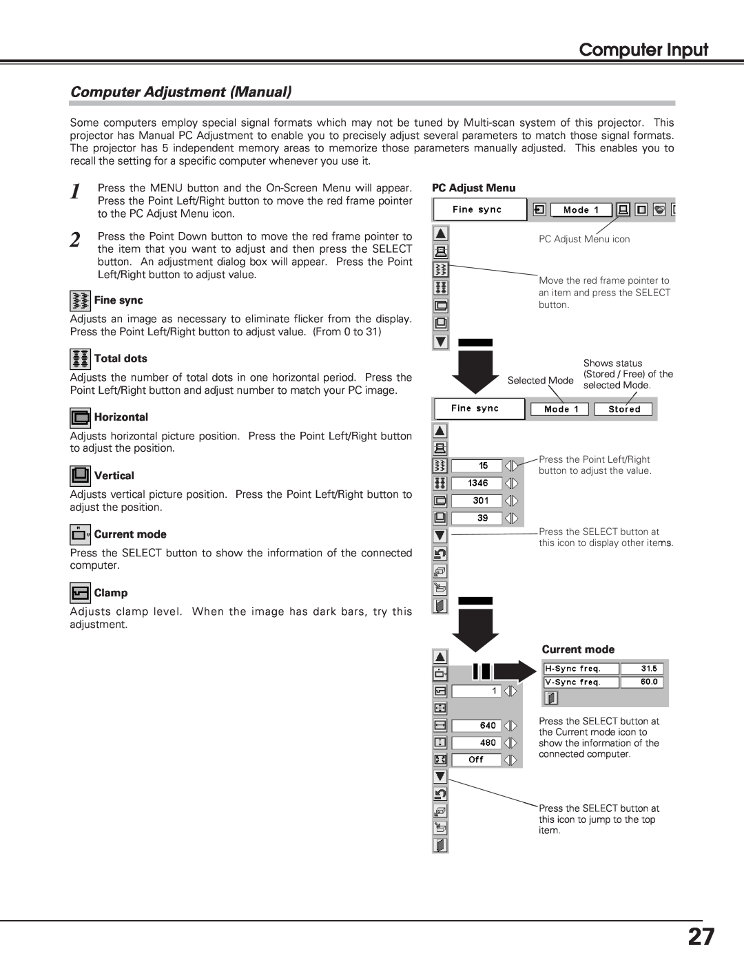 Eiki lc-sb15 Computer Adjustment Manual, Computer Input, Fine sync, Total dots, Horizontal, Vertical, Current mode, Clamp 