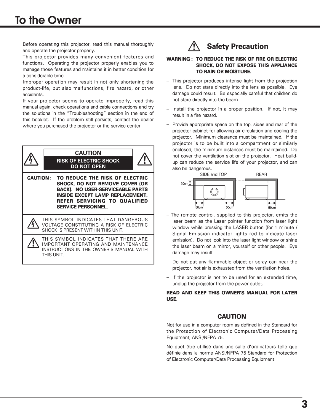 Eiki lc-sb15 owner manual To the Owner, Safety Precaution, Risk Of Electric Shock Do Not Open 