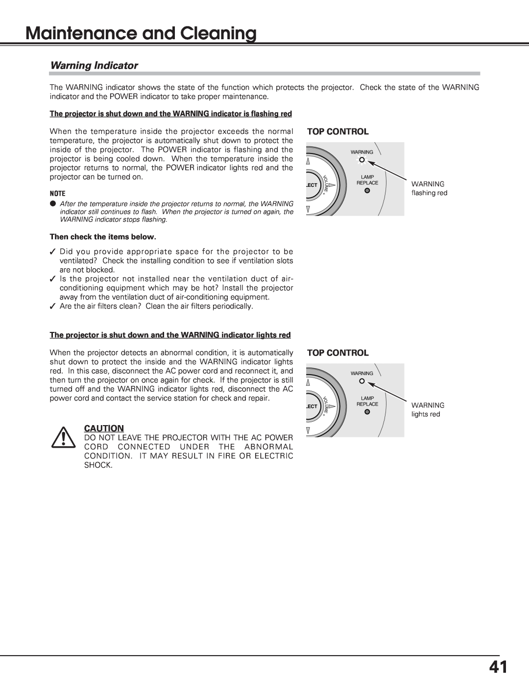 Eiki lc-sb15 owner manual Maintenance and Cleaning, Warning Indicator 