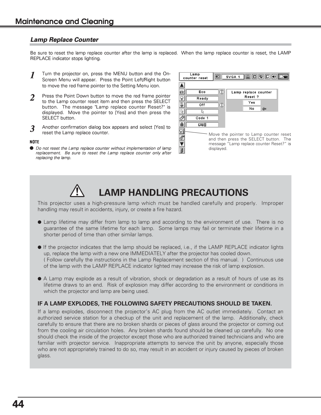 Eiki lc-sb15 owner manual Lamp Replace Counter, Lamp Handling Precautions, Maintenance and Cleaning 