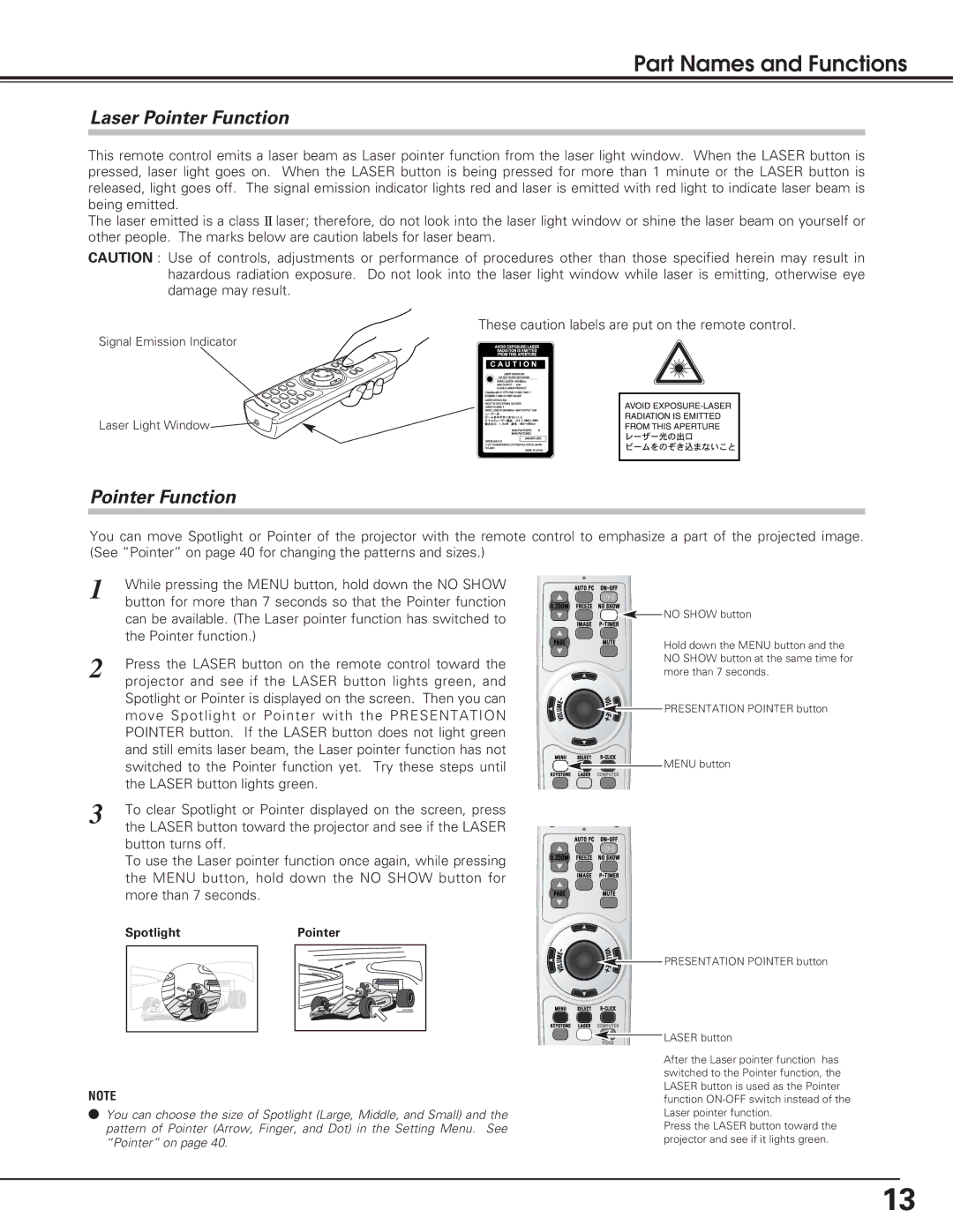 Eiki lc-sb15 owner manual Laser Pointer Function 