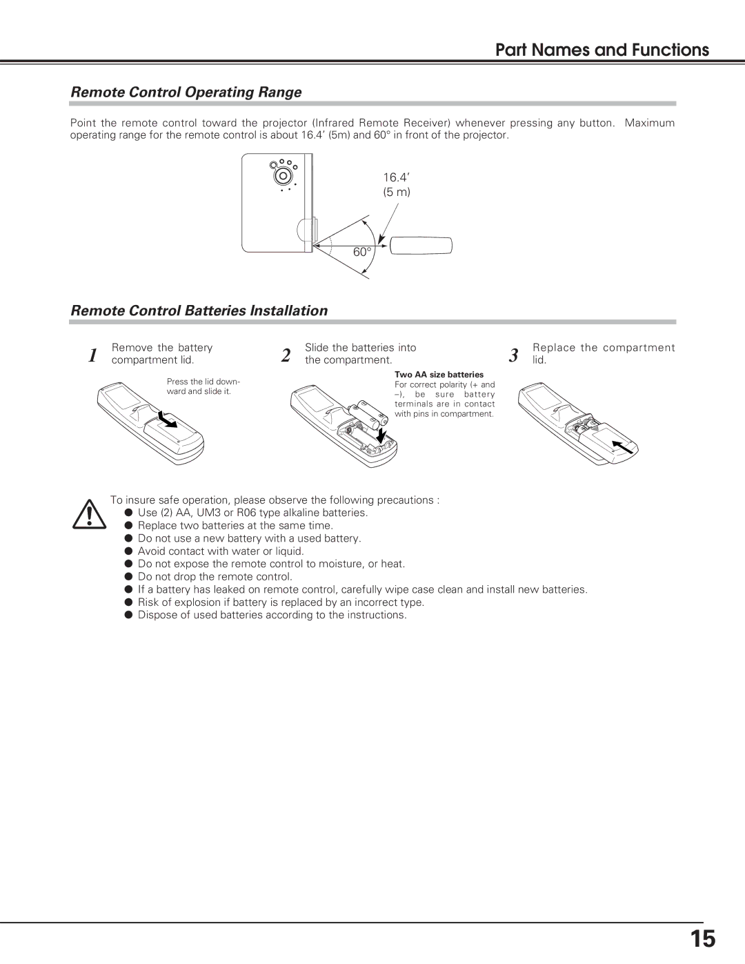 Eiki lc-sb15 owner manual Remote Control Operating Range, Remote Control Batteries Installation 