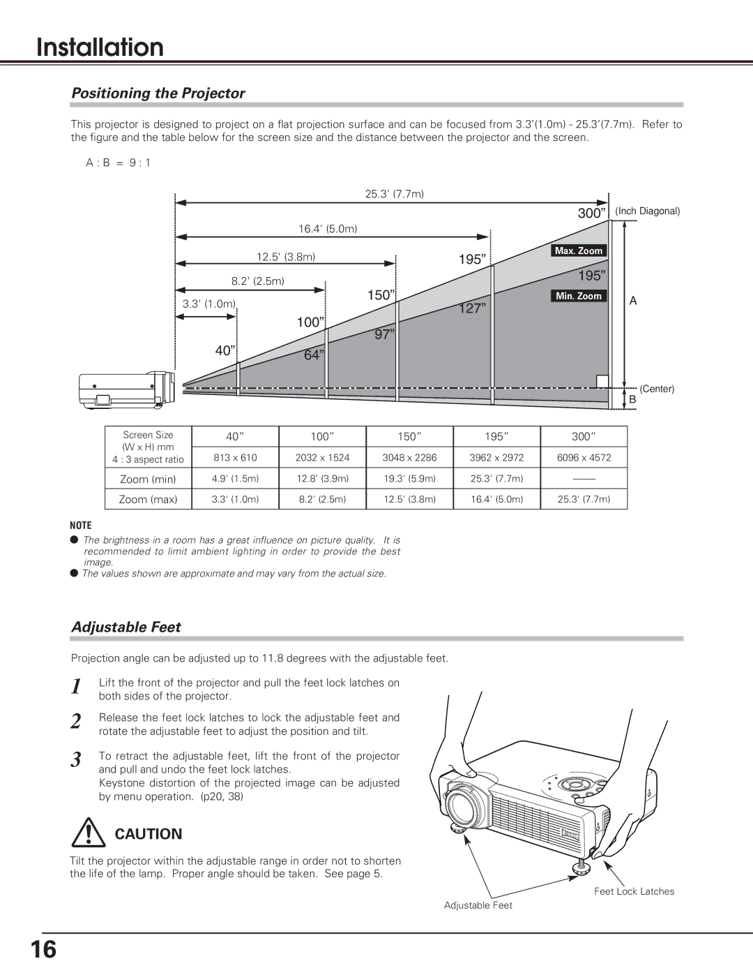 Eiki lc-sb15 owner manual Installation, Positioning the Projector, Adjustable Feet 