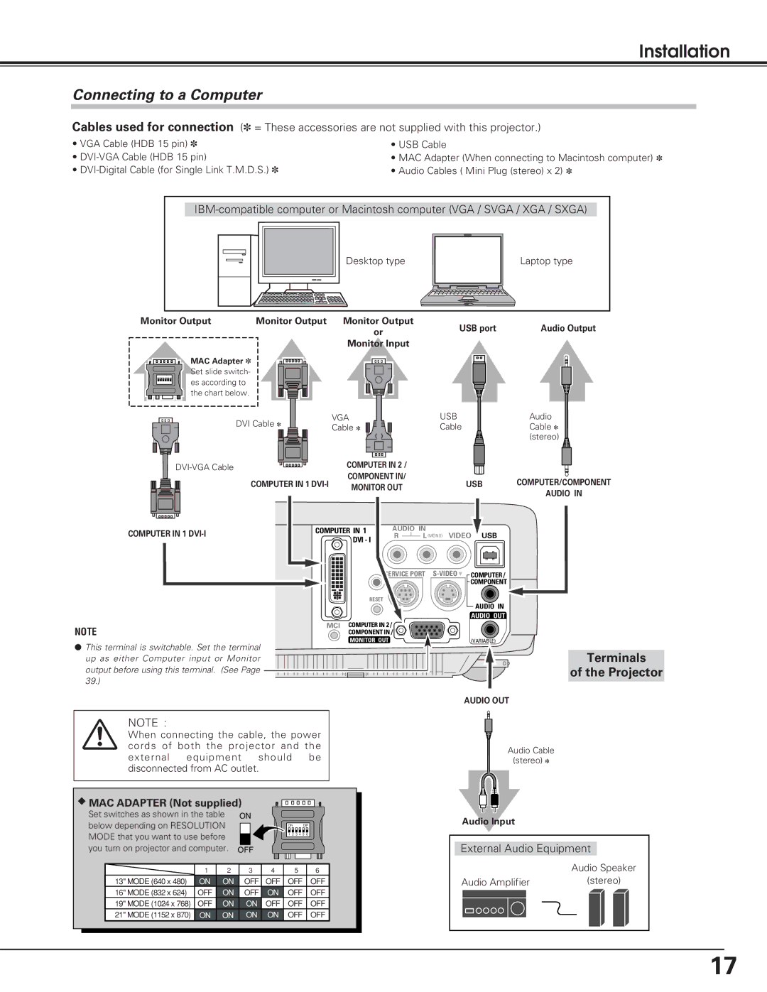 Eiki lc-sb15 owner manual Installation, Connecting to a Computer 