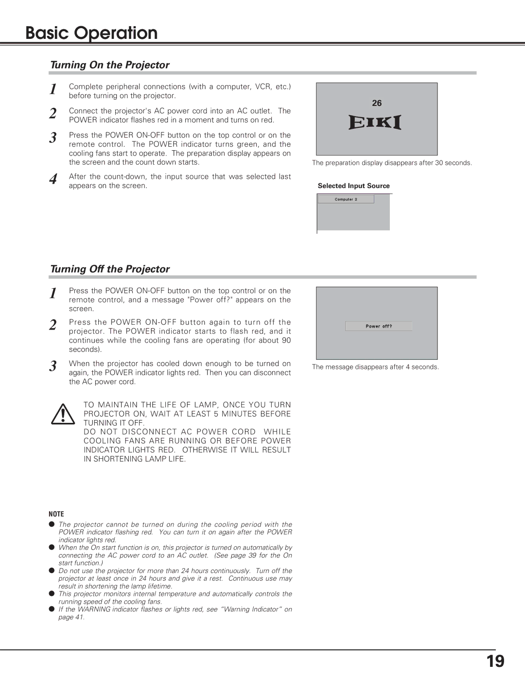 Eiki lc-sb15 owner manual Basic Operation, Turning On the Projector, Turning Off the Projector 