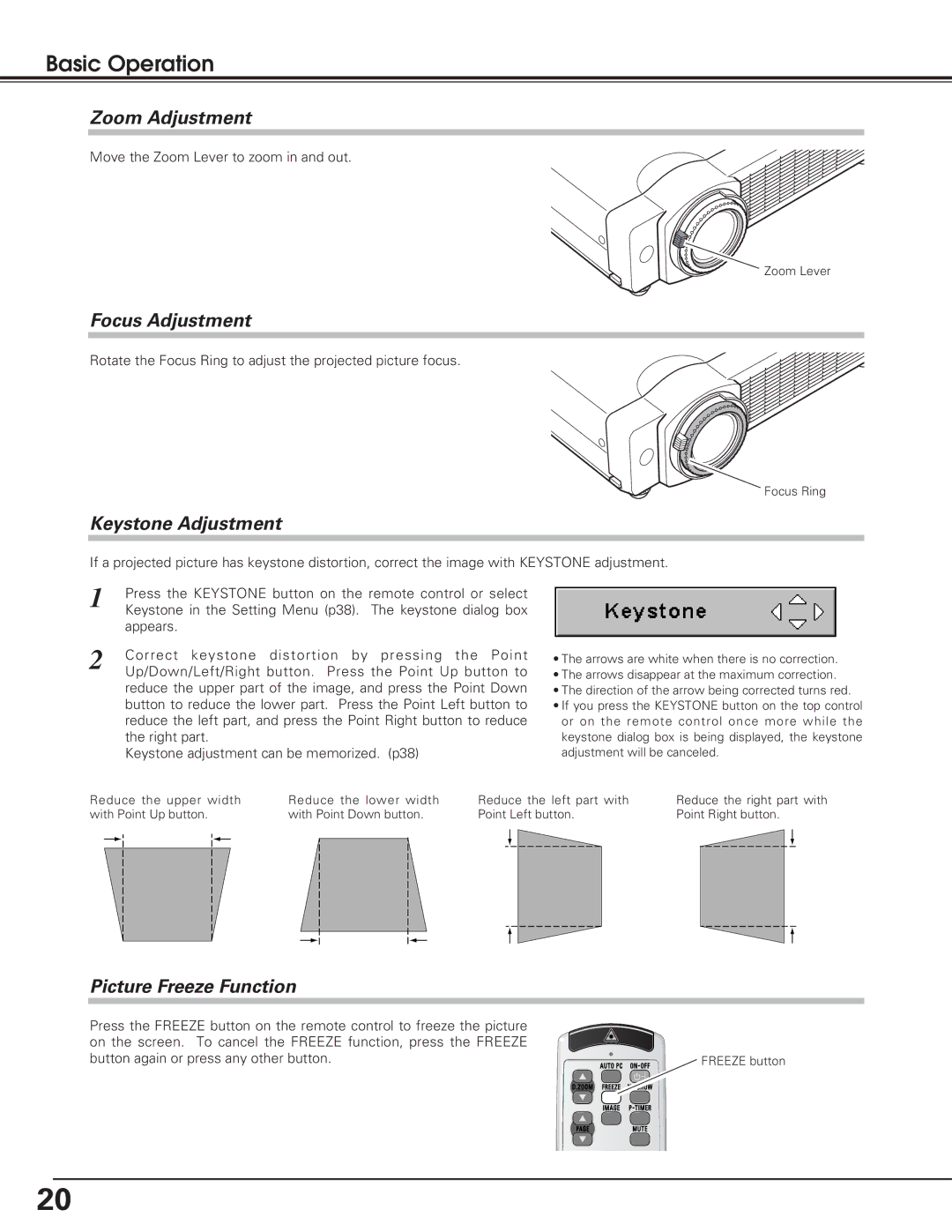 Eiki lc-sb15 owner manual Basic Operation, Zoom Adjustment, Focus Adjustment, Keystone Adjustment, Picture Freeze Function 