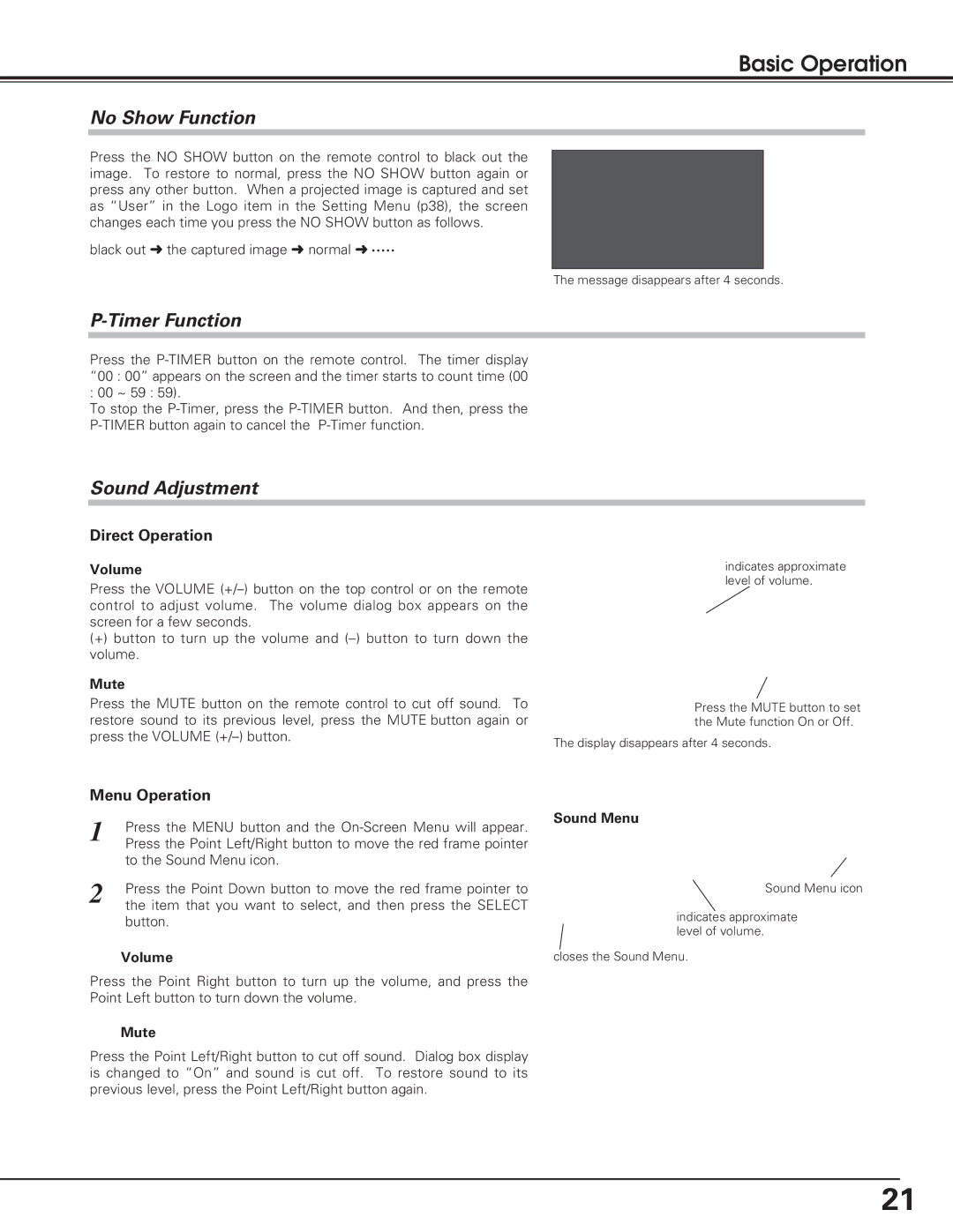 Eiki lc-sb15 owner manual No Show Function, Timer Function, Sound Adjustment, Direct Operation, Menu Operation 