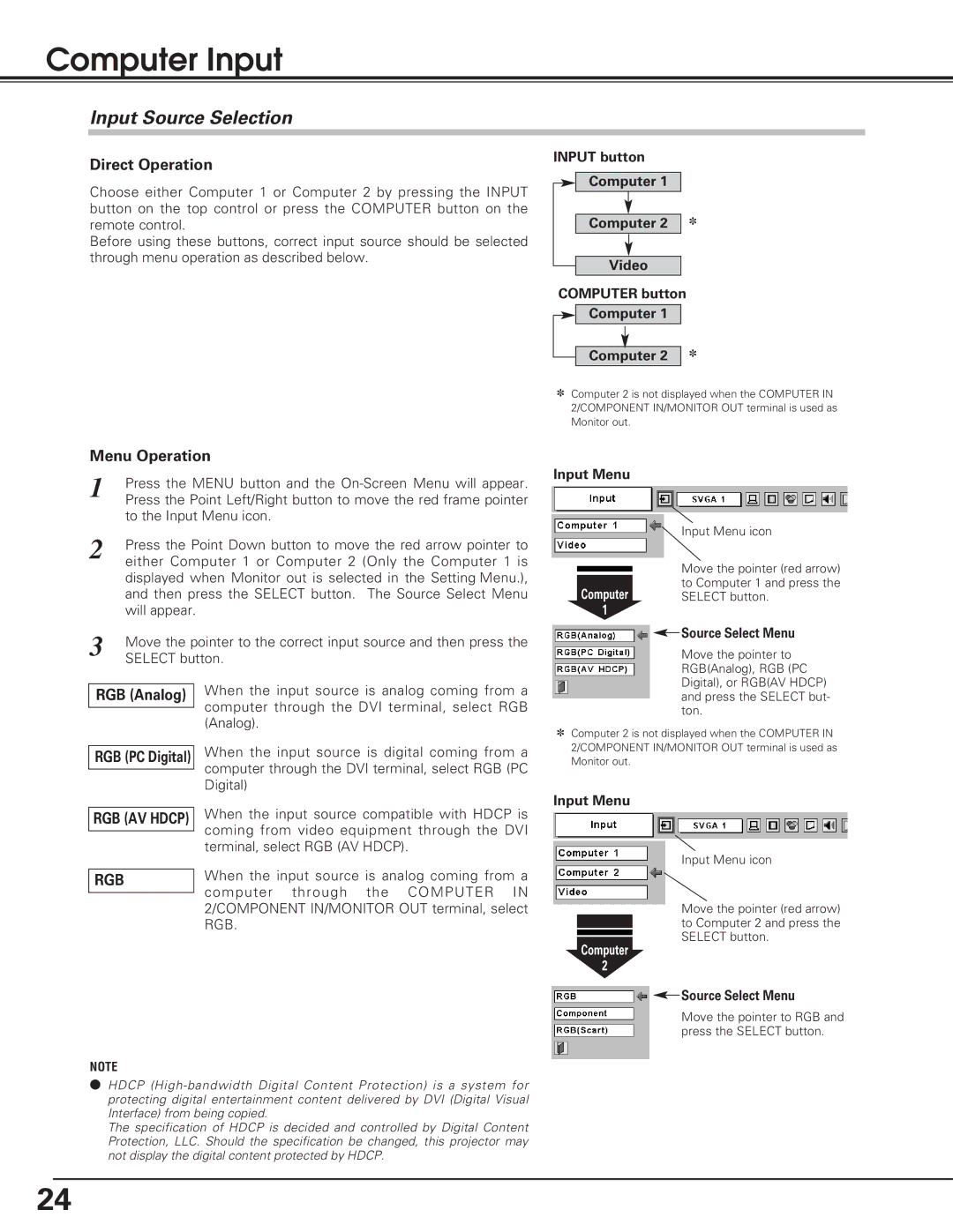 Eiki lc-sb15 owner manual Computer Input, Input Source Selection, Rgb 