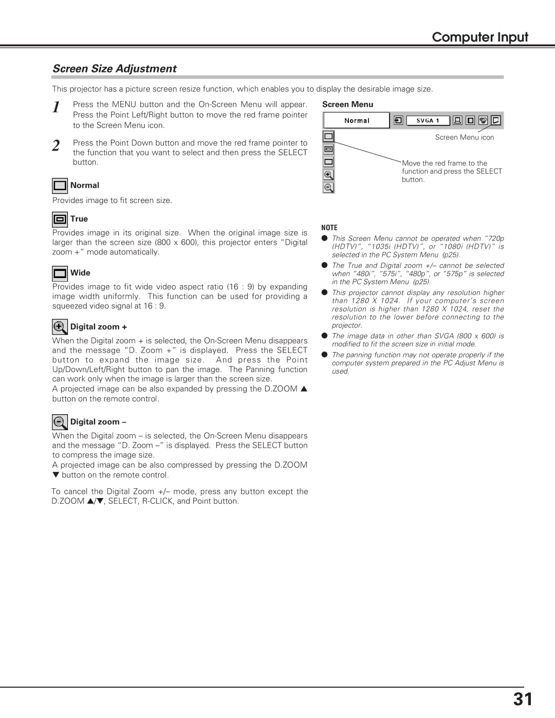 Eiki lc-sb15 owner manual Screen Size Adjustment 