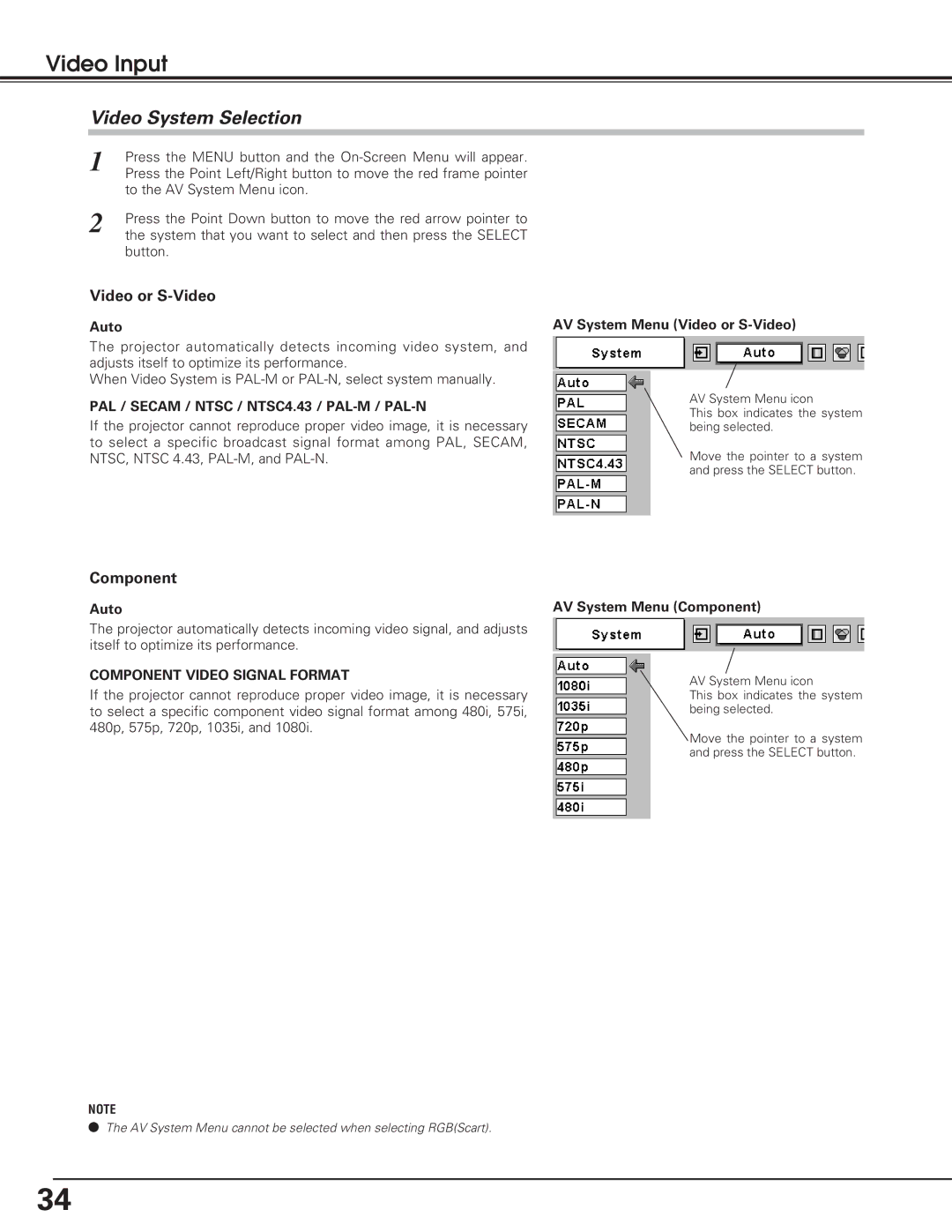 Eiki lc-sb15 owner manual Video System Selection, Auto, AV System Menu Video or S-Video, AV System Menu Component 