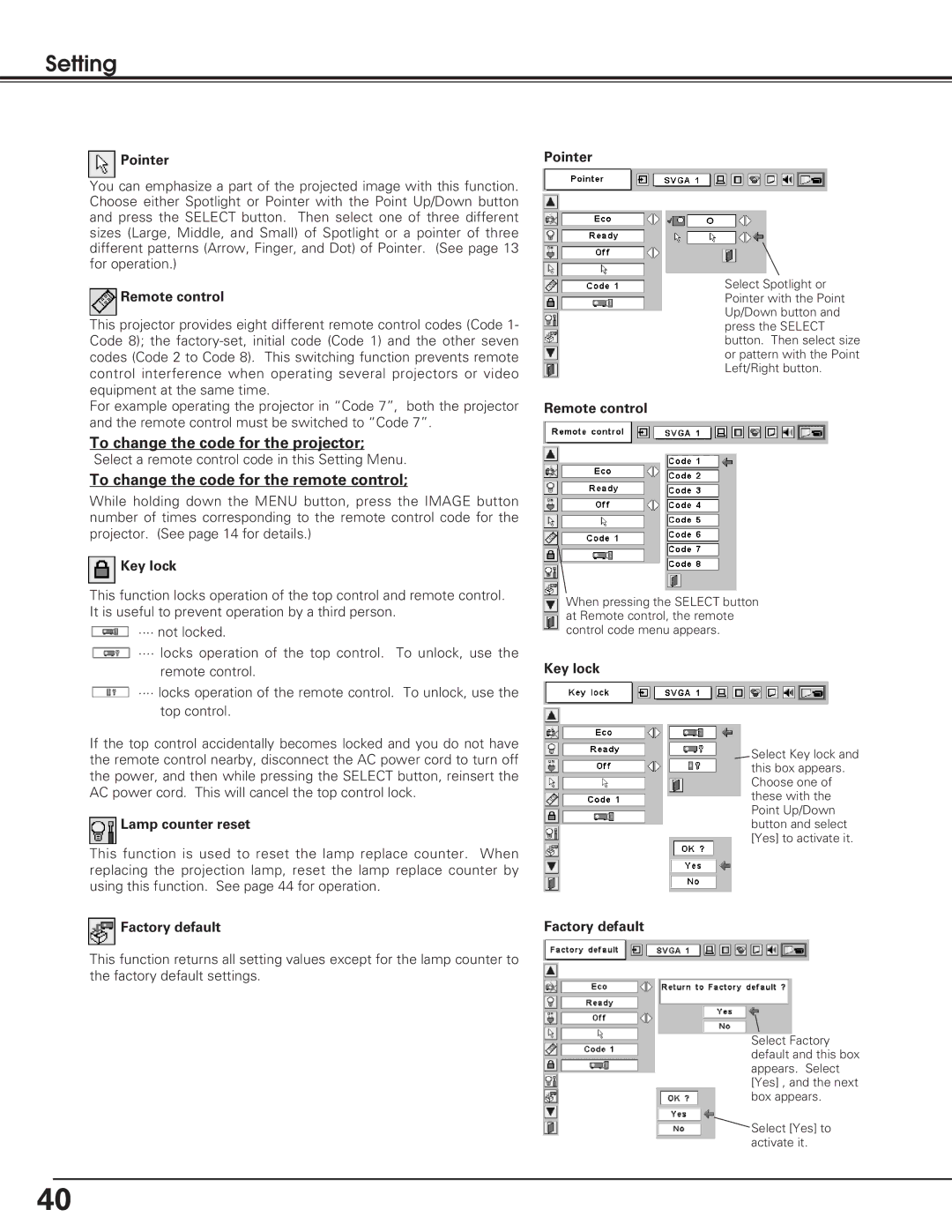 Eiki lc-sb15 owner manual To change the code for the projector, To change the code for the remote control 