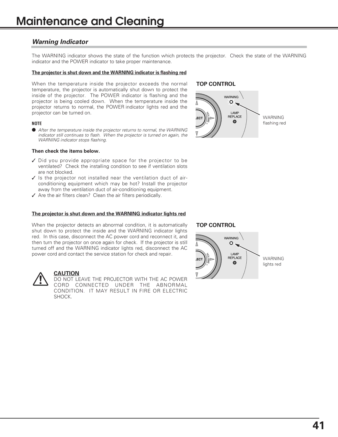 Eiki lc-sb15 owner manual Maintenance and Cleaning, TOP Control, Then check the items below 