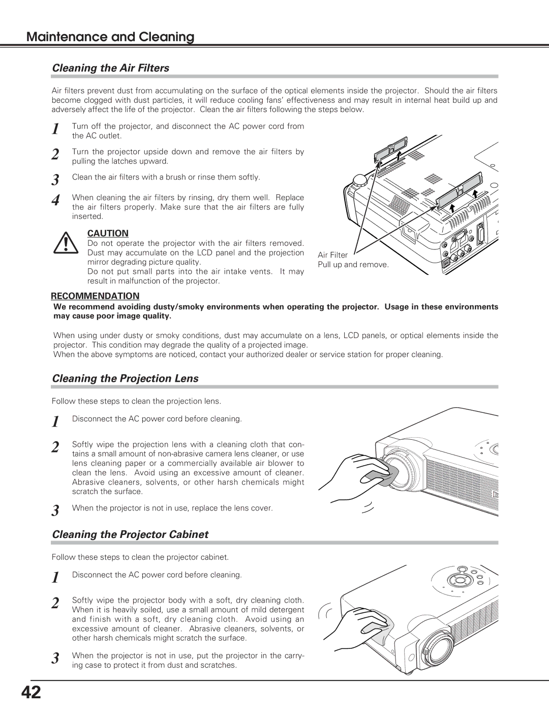 Eiki lc-sb15 owner manual Maintenance and Cleaning, Cleaning the Air Filters, Cleaning the Projection Lens, Recommendation 