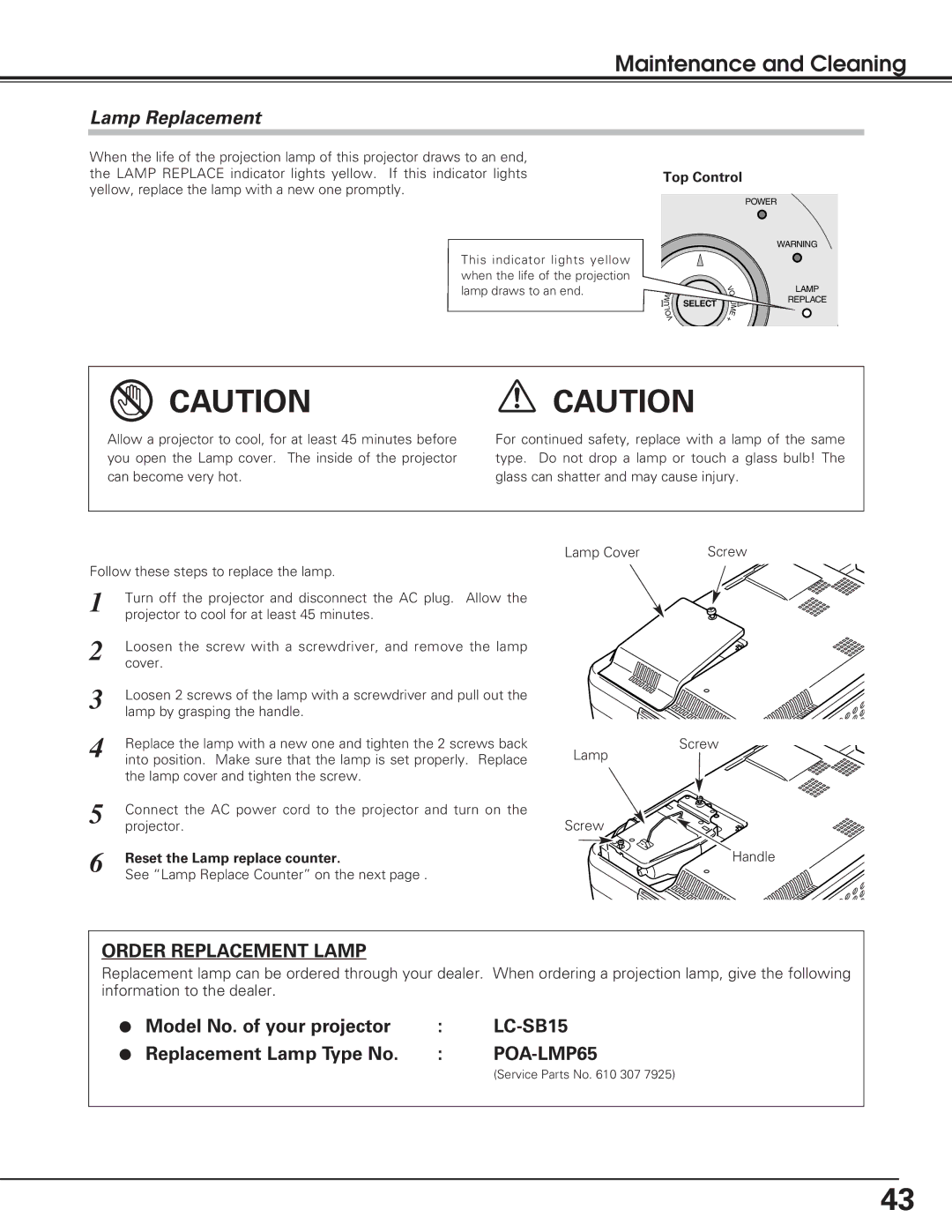 Eiki lc-sb15 owner manual Lamp Replacement, Reset the Lamp replace counter 