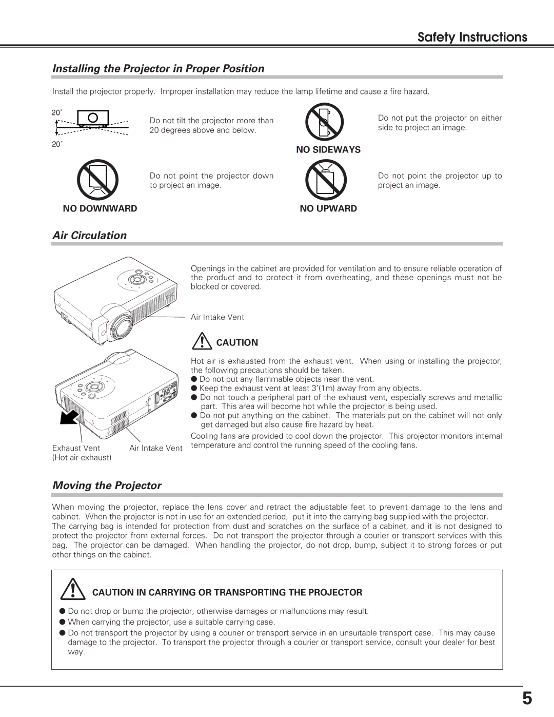 Eiki lc-sb15 Safety Instructions, Installing the Projector in Proper Position, Air Circulation, Moving the Projector 