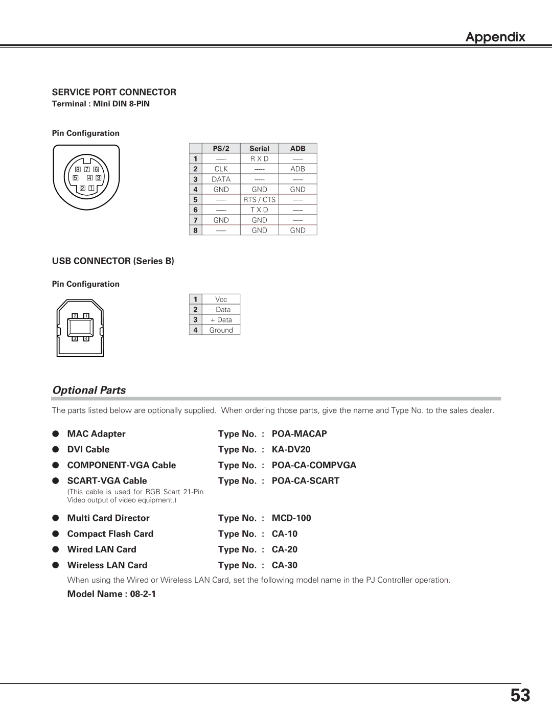 Eiki lc-sb15 owner manual Optional Parts, Service Port Connector, Poa-Macap, KA-DV20 