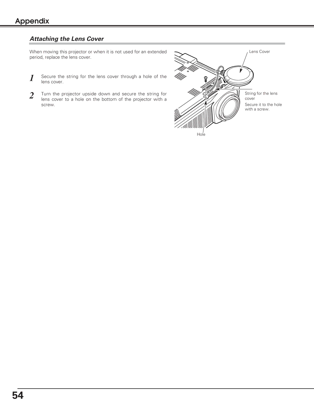 Eiki lc-sb15 owner manual Attaching the Lens Cover 