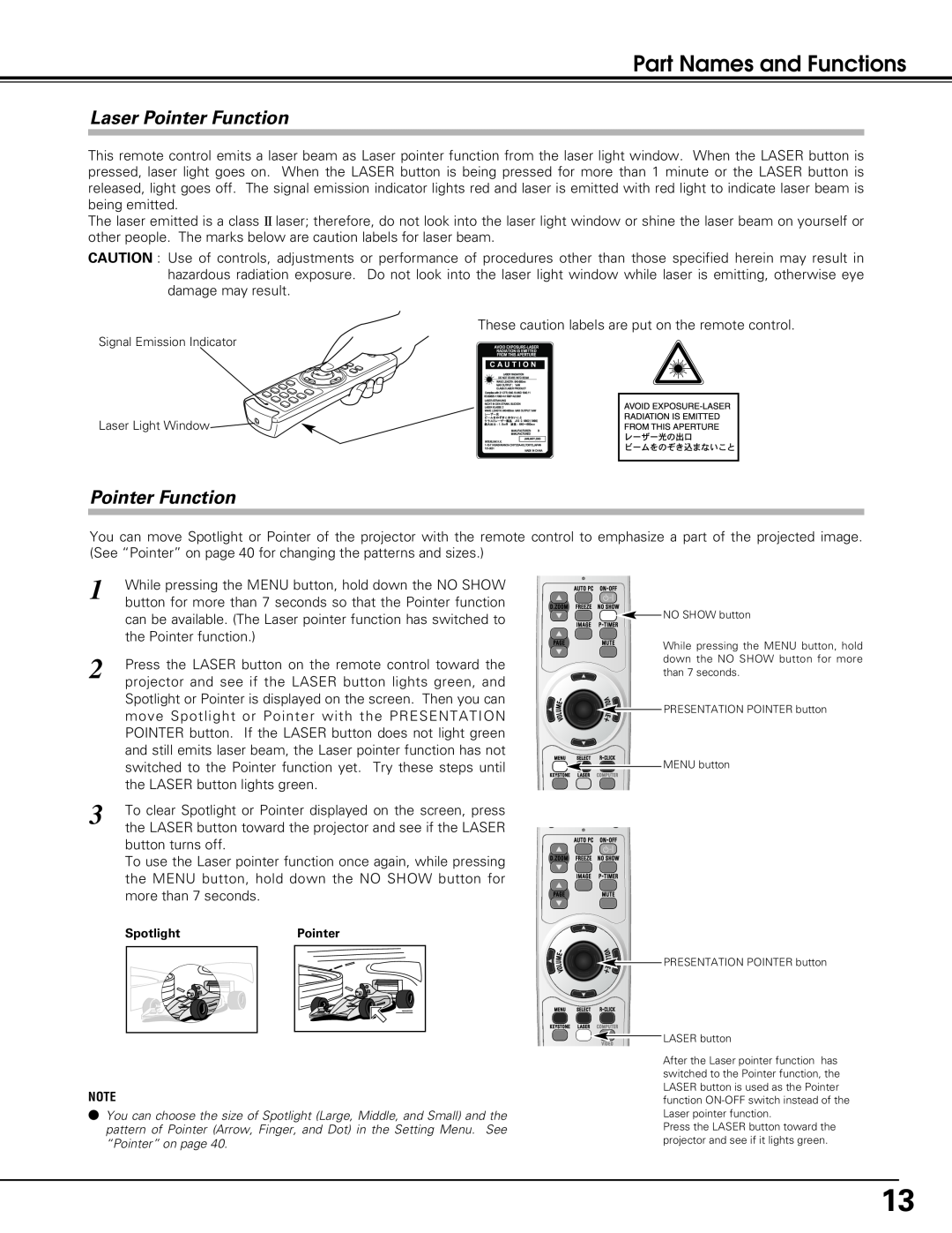 Eiki LC-XB25, LC-SB20, LC-XB20 owner manual Laser Pointer Function, Part Names and Functions 