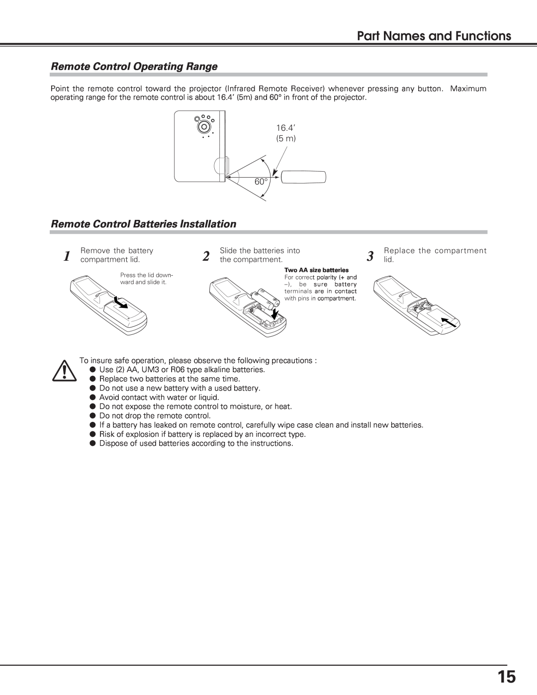 Eiki LC-SB20 Remote Control Operating Range, Remote Control Batteries Installation, Part Names and Functions, 16.4’ 5 m 