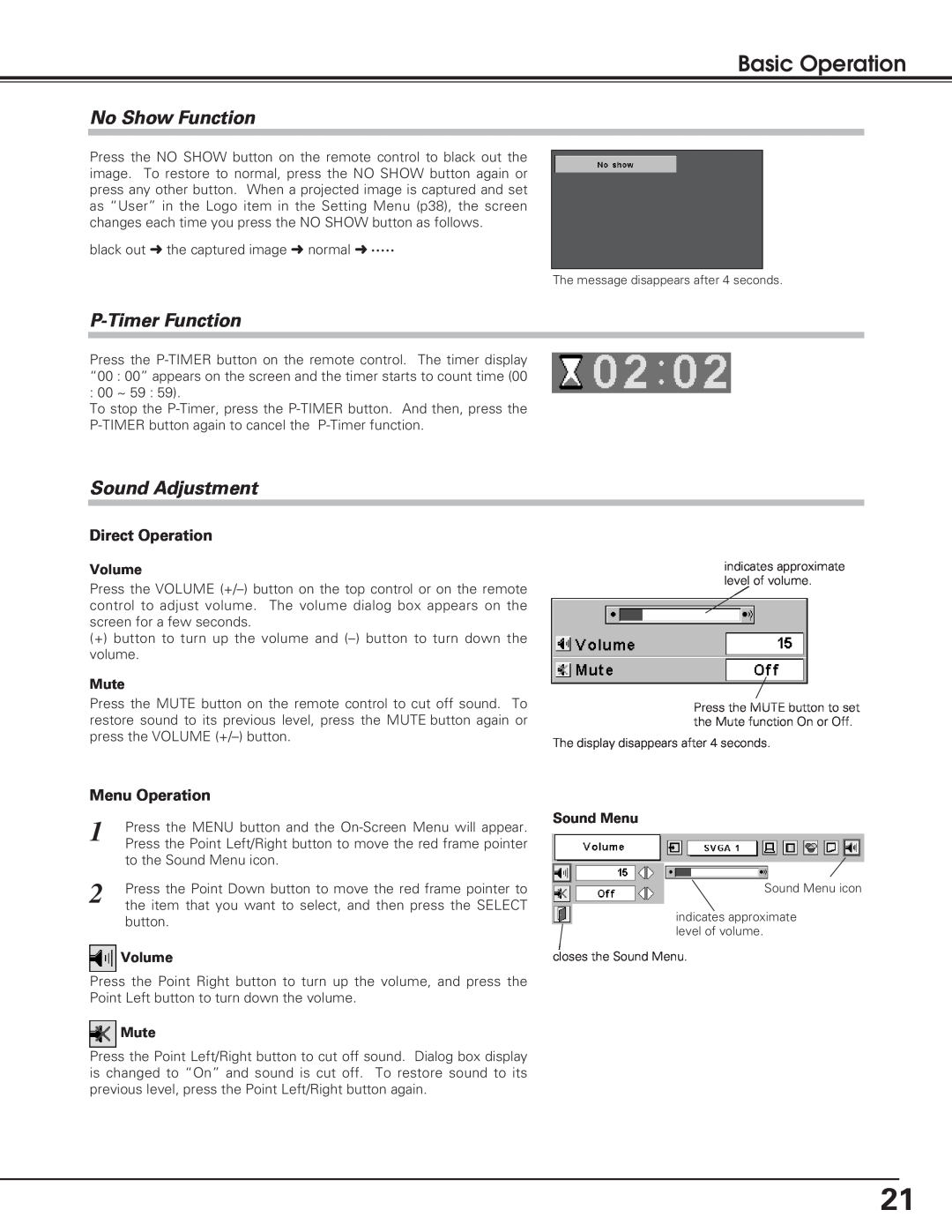 Eiki LC-SB20, LC-XB25 No Show Function, P-Timer Function, Sound Adjustment, Basic Operation, Volume, Mute, Sound Menu 