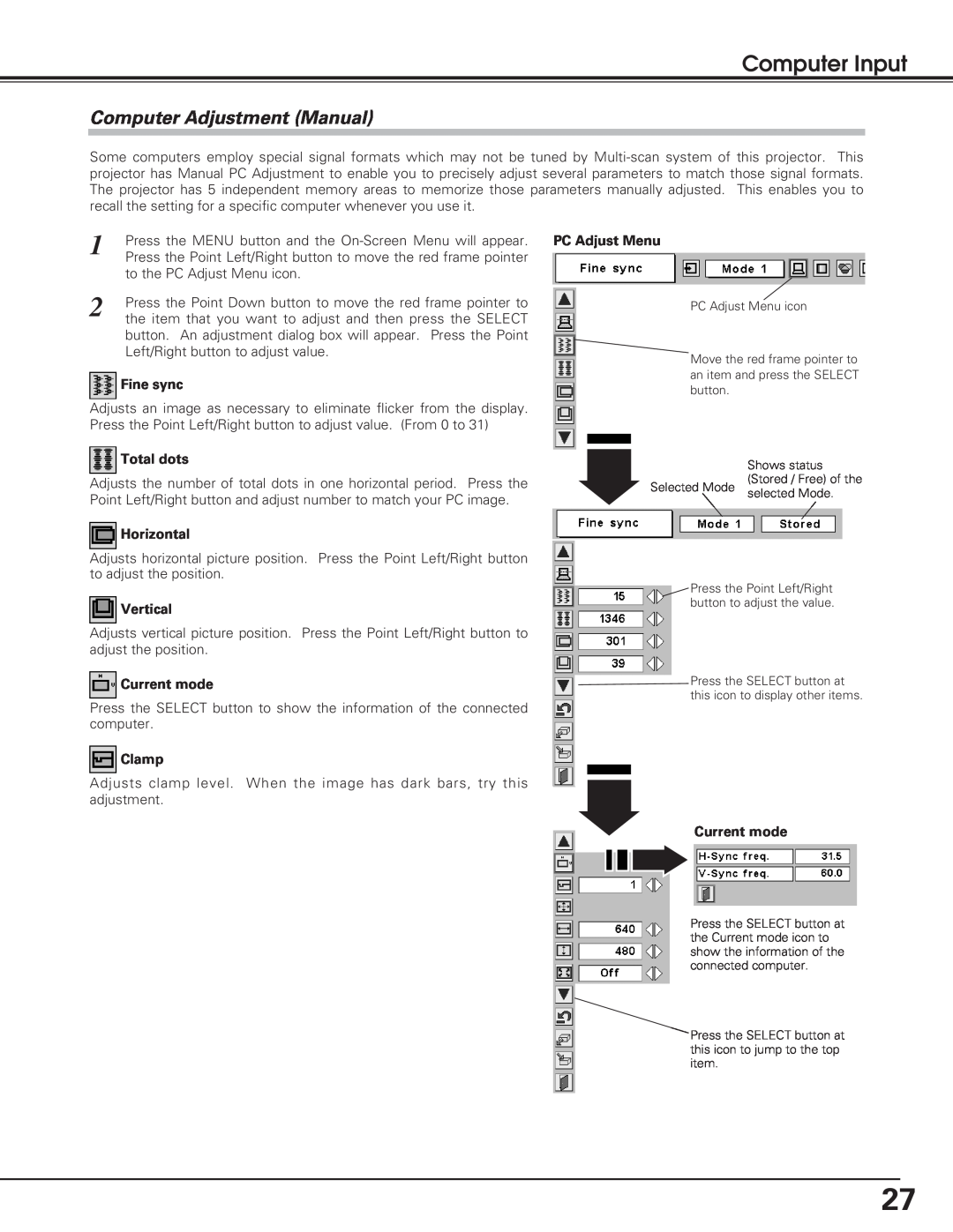 Eiki LC-SB20 Computer Adjustment Manual, Computer Input, Fine sync, Total dots, Horizontal, Vertical, Current mode, Clamp 