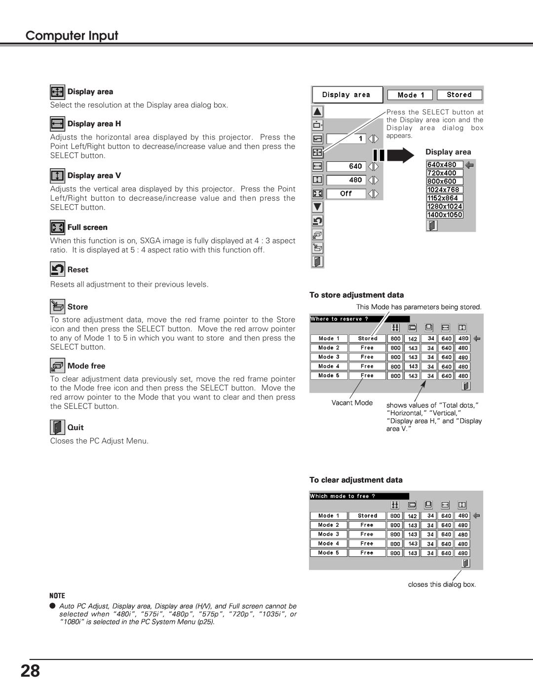 Eiki LC-XB25 Computer Input, Display area H, Full screen, Reset, Store, Mode free, Quit, To clear adjustment data 