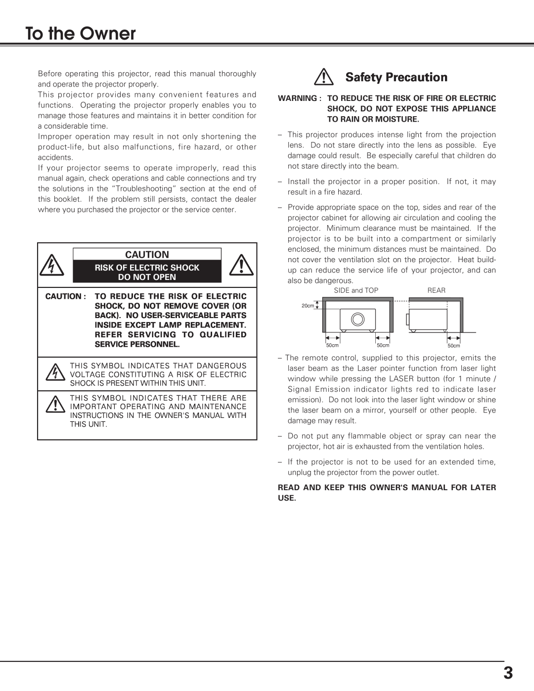 Eiki LC-SB20, LC-XB25, LC-XB20 owner manual To the Owner, Safety Precaution, Risk Of Electric Shock Do Not Open 