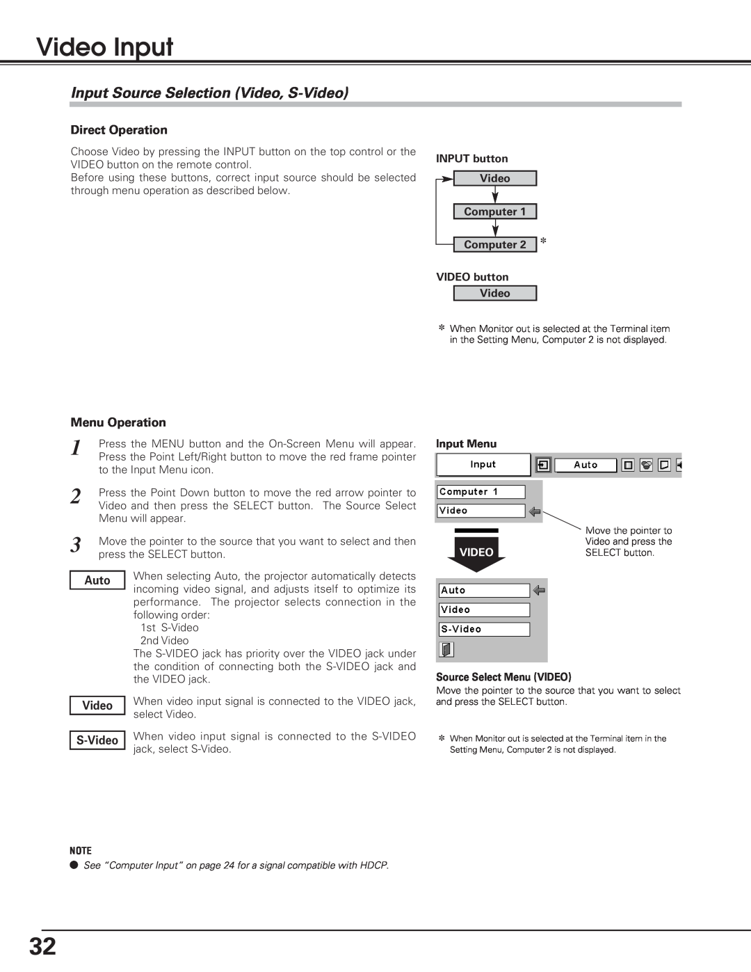 Eiki LC-XB20 Video Input, Input Source Selection Video, S-Video, INPUT button Video Computer Computer VIDEO button Video 