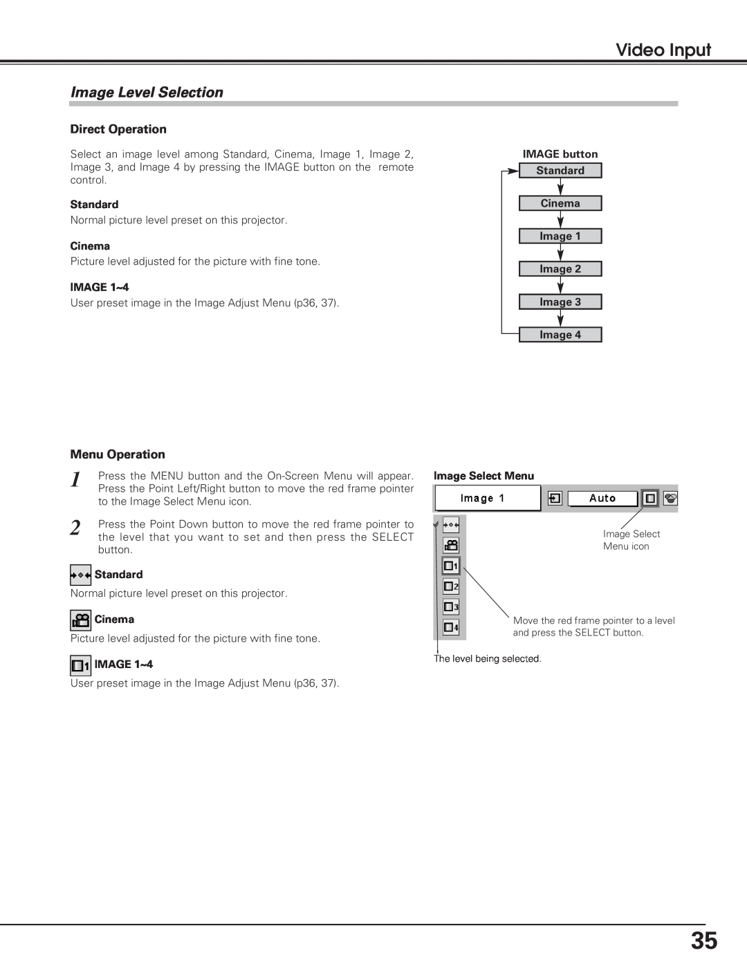 Eiki LC-XB20, LC-SB20, LC-XB25 Video Input, Image Level Selection, Standard, Cinema, IMAGE 1~4, Image Select Menu 