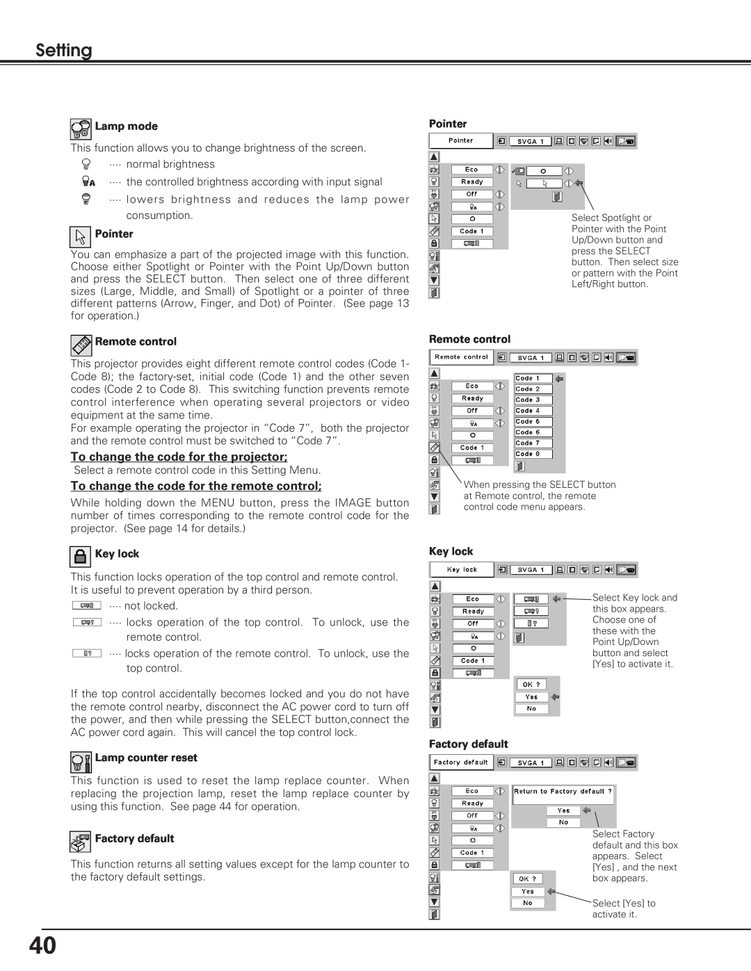 Eiki LC-XB25, LC-SB20 Setting, Lamp mode, Pointer Remote control, Key lock, Lamp counter reset, Factory default 