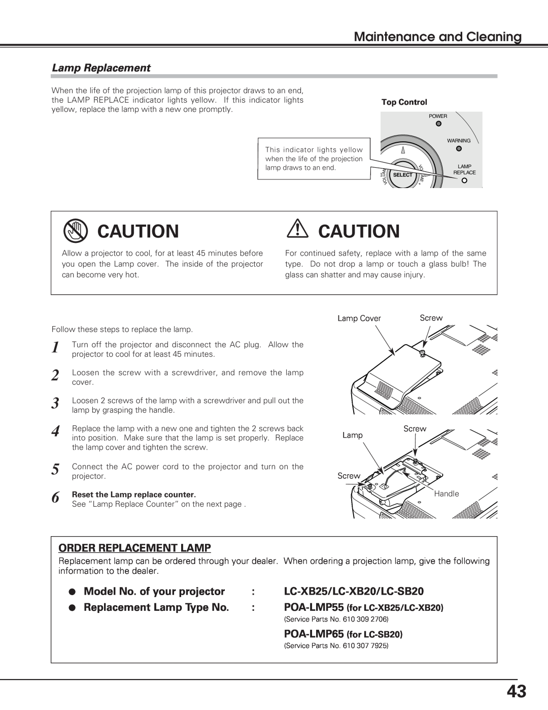 Eiki LC-XB25 Lamp Replacement, Maintenance and Cleaning, Order Replacement Lamp, Model No. of your projector, Top Control 