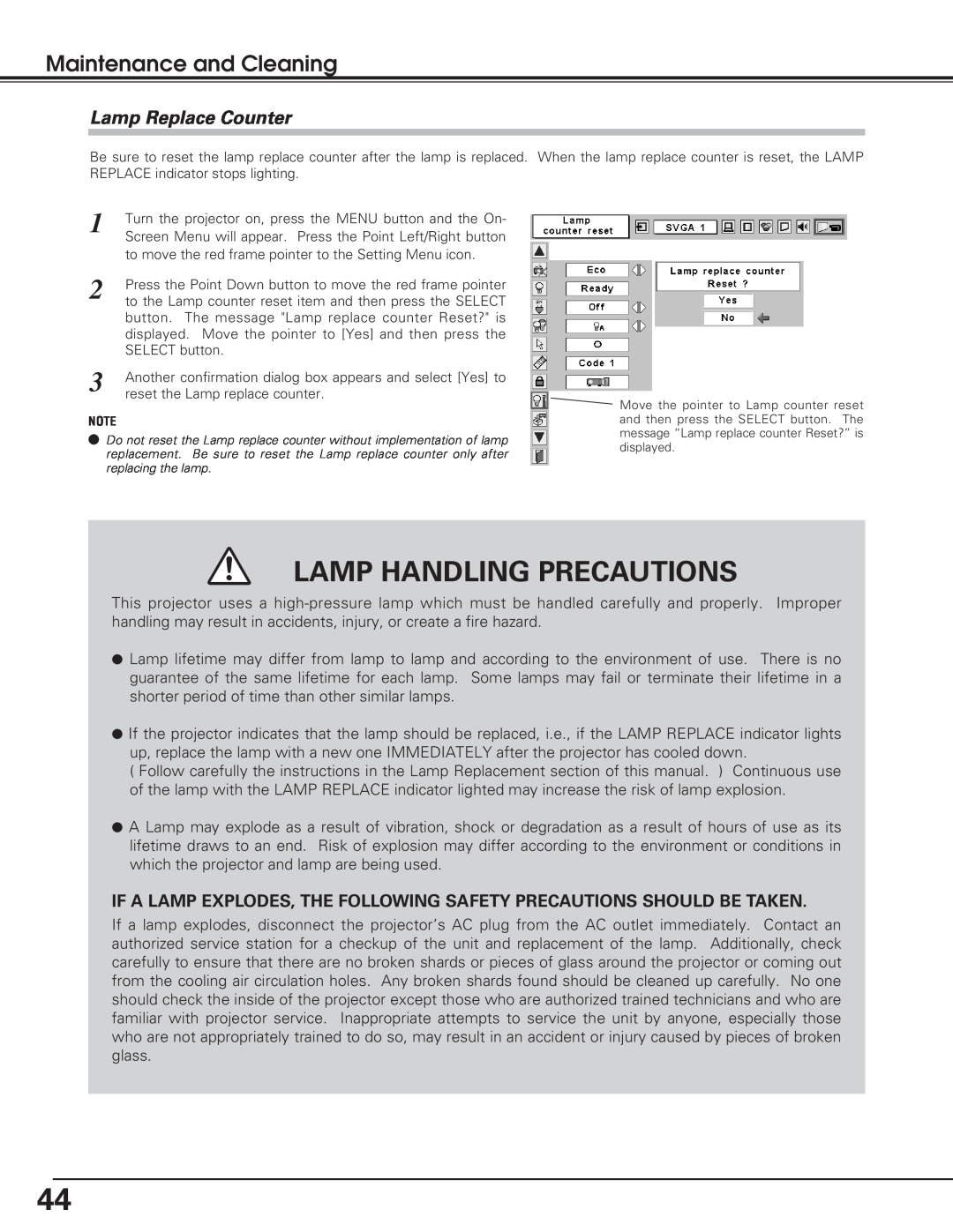 Eiki LC-XB20, LC-SB20, LC-XB25 owner manual Lamp Replace Counter, Lamp Handling Precautions, Maintenance and Cleaning 