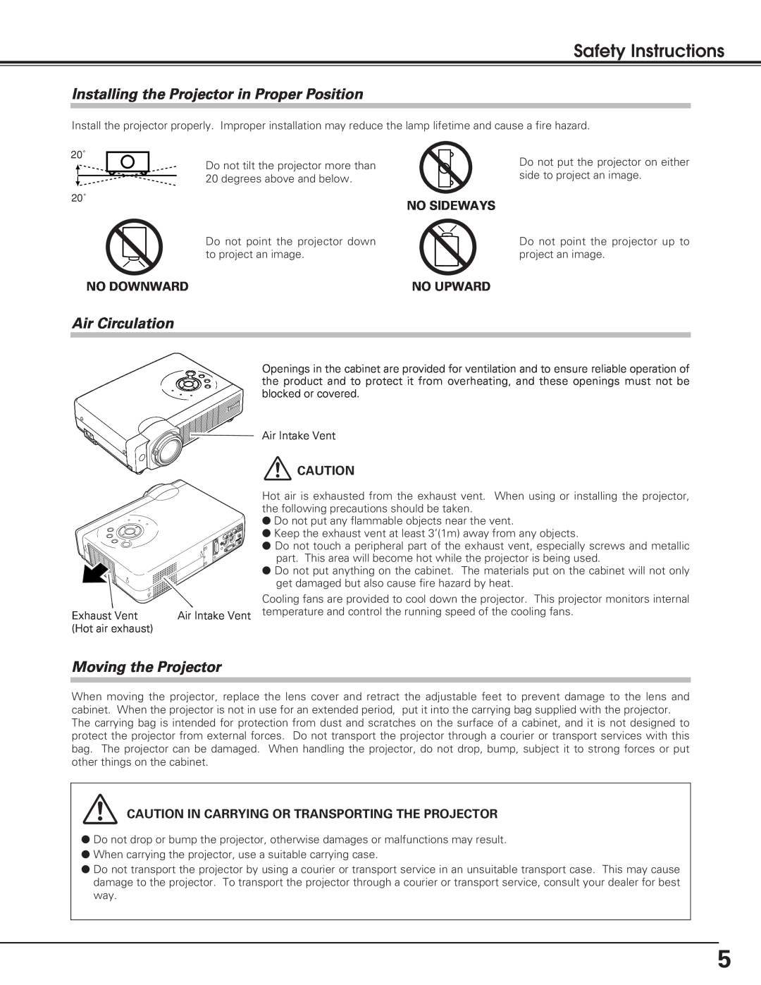Eiki LC-XB20 Safety Instructions, Installing the Projector in Proper Position, Air Circulation, Moving the Projector 