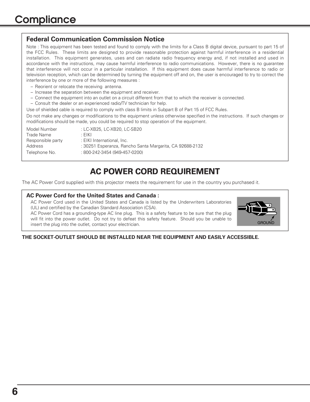 Eiki LC-SB20, LC-XB25, LC-XB20 owner manual Compliance, Ac Power Cord Requirement, Federal Communication Commission Notice 