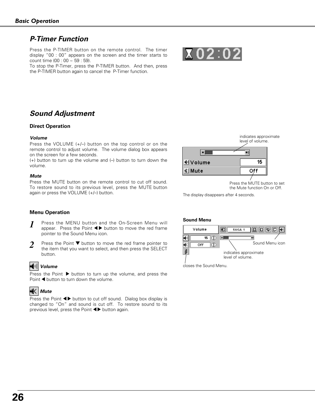 Eiki LC-SB21 owner manual P-TimerFunction, Sound Adjustment, Basic Operation, Volume, Mute, Sound Menu 