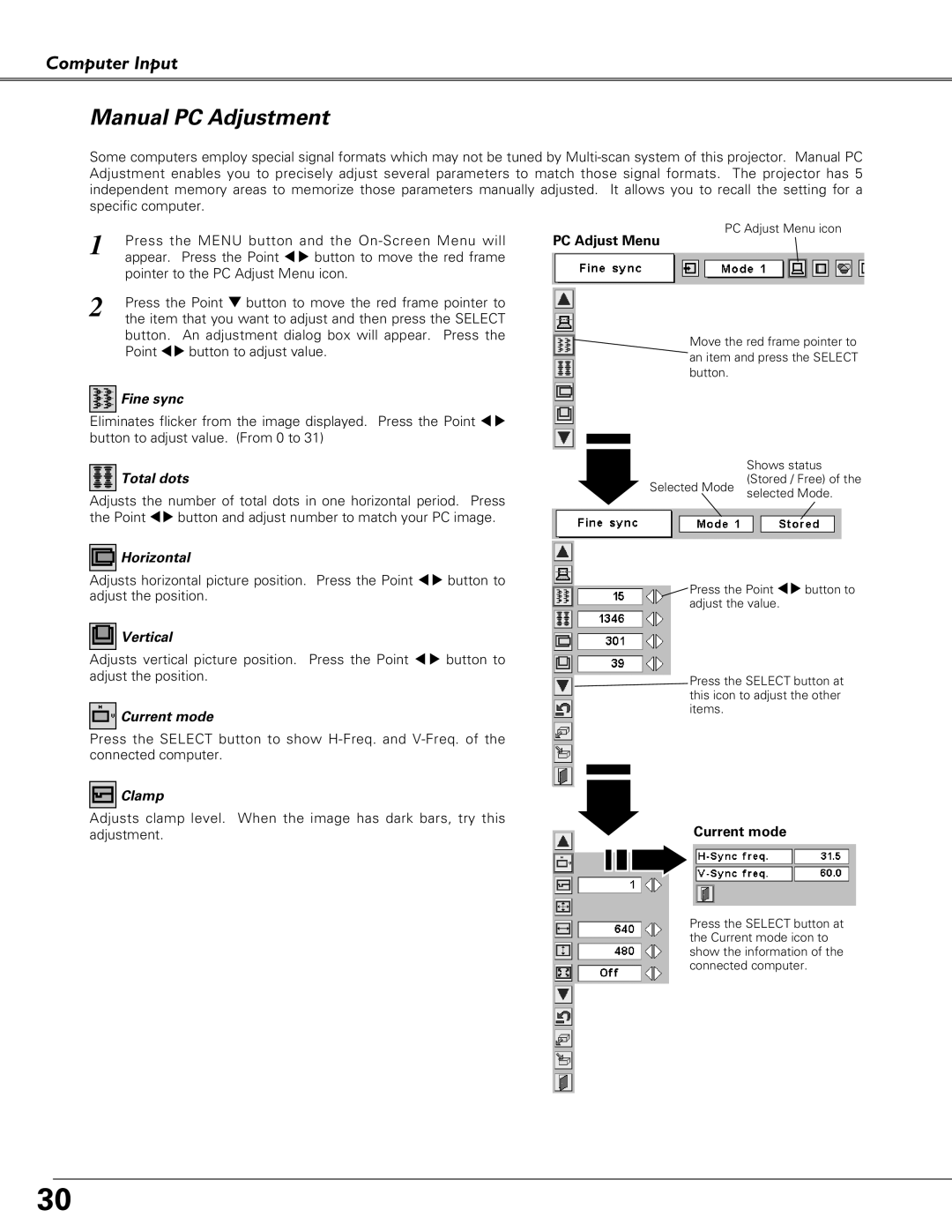 Eiki LC-SB21 Manual PC Adjustment, Computer Input, Fine sync, Total dots, Horizontal, Vertical, Current mode, Clamp 