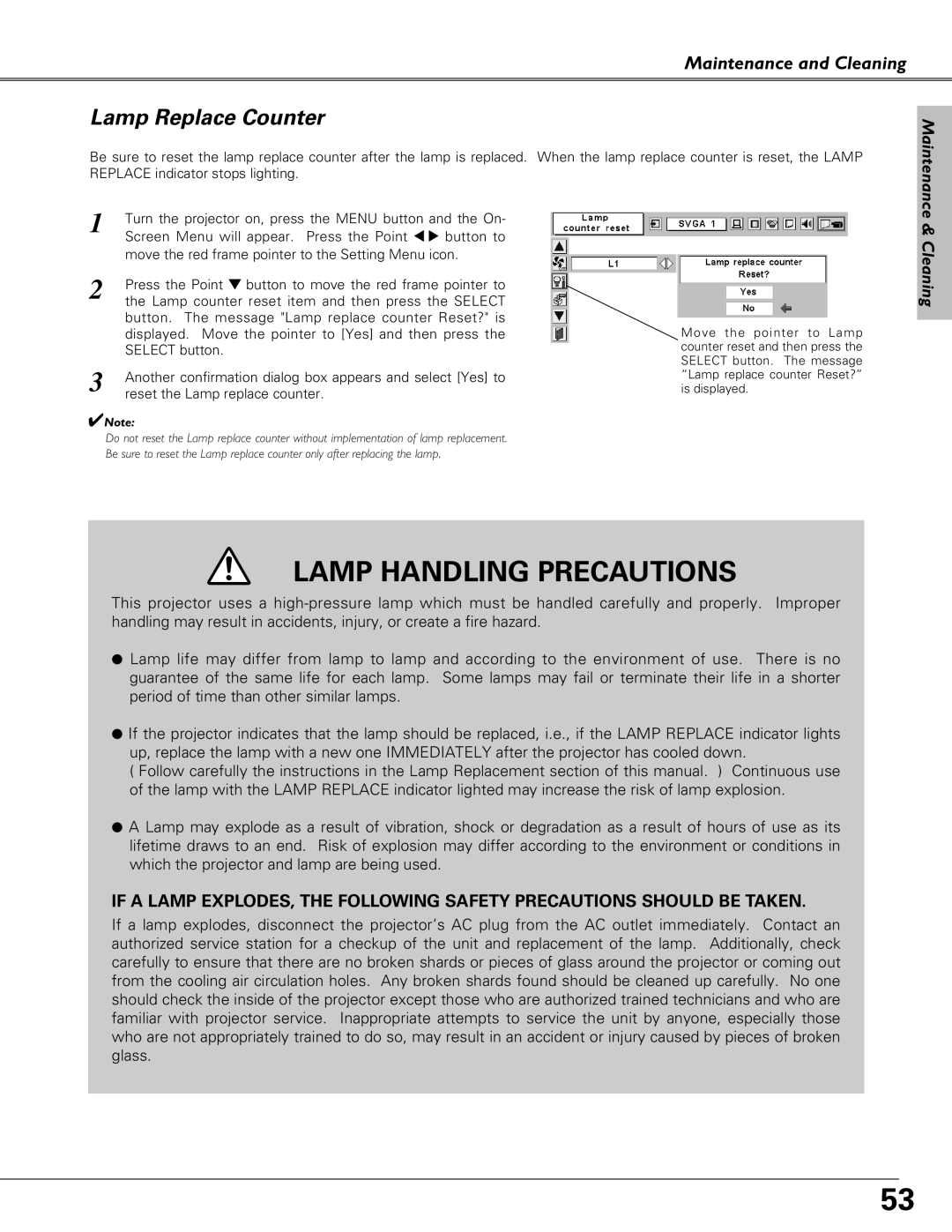Eiki LC-SB21 owner manual Lamp Replace Counter, Lamp Handling Precautions, Maintenance and Cleaning 