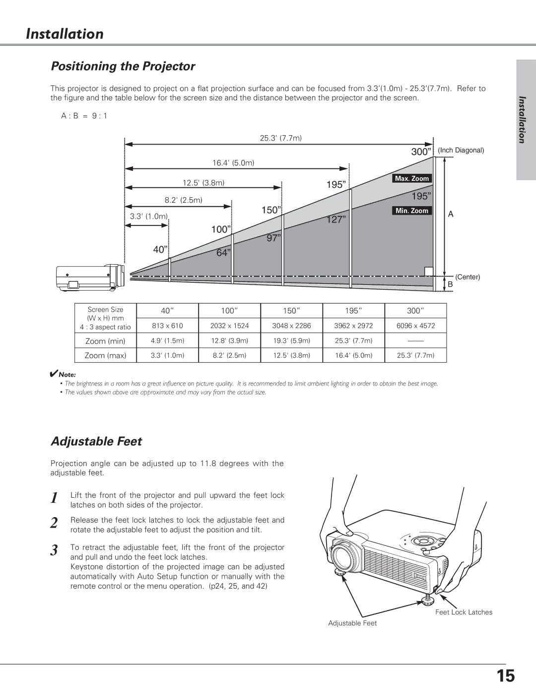 Eiki LC-SB21 owner manual Installation, Positioning the Projector, Adjustable Feet 