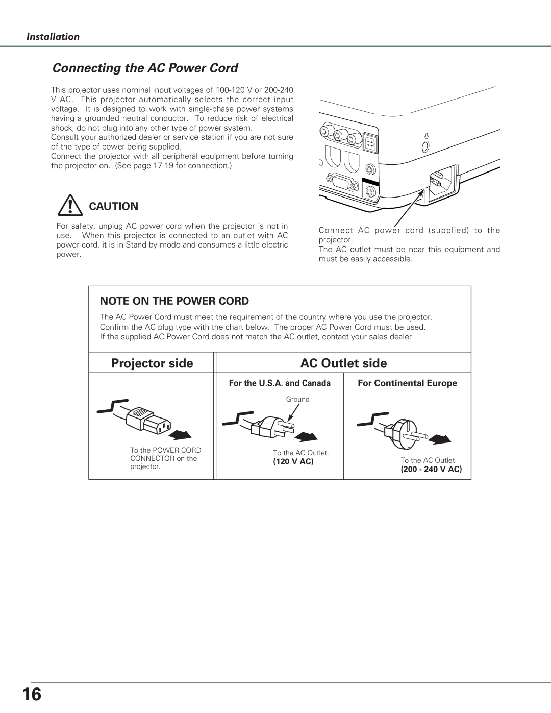 Eiki LC-SB21 owner manual Connecting the AC Power Cord, For the U.S.A. and Canada, 200 240 V AC 