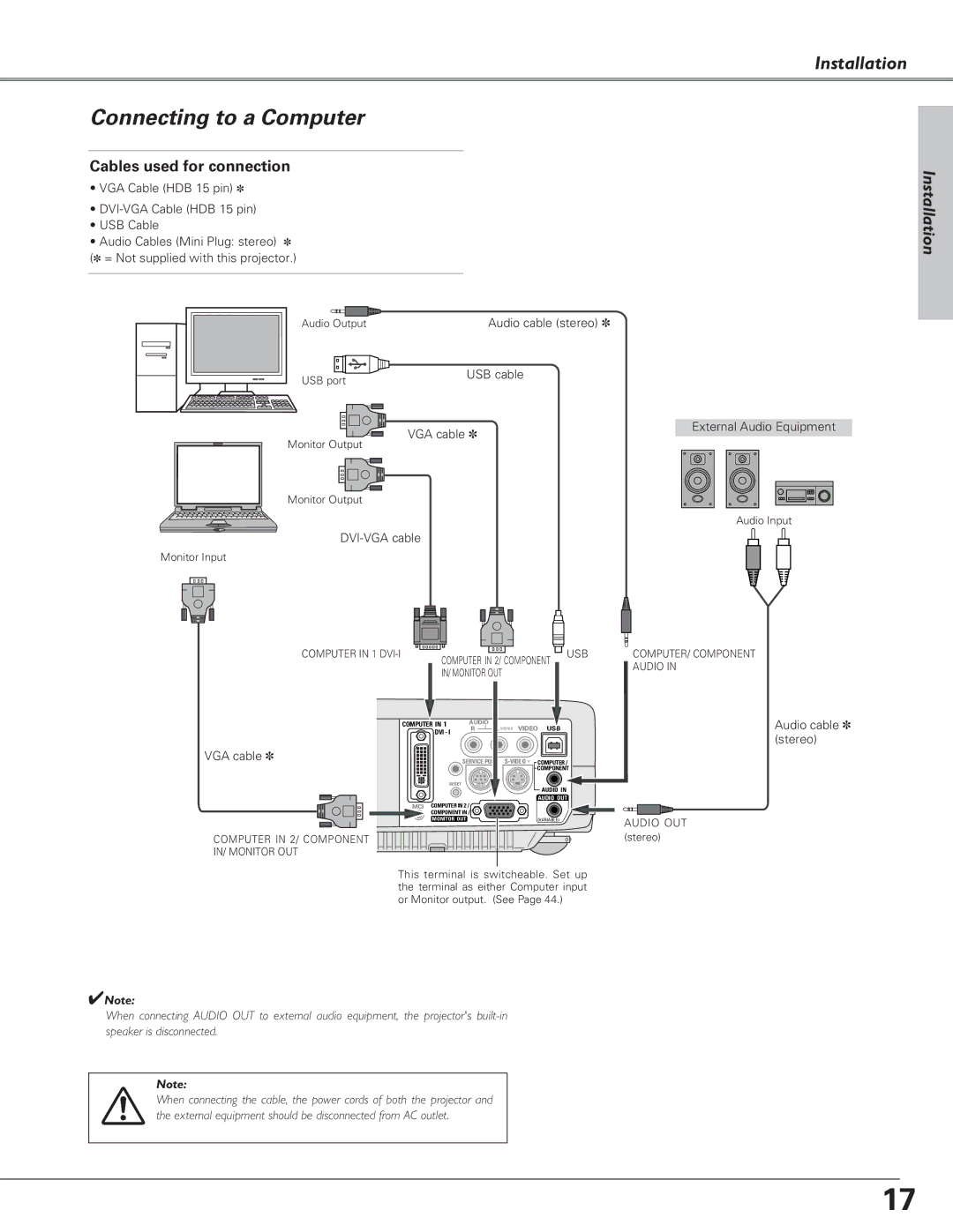 Eiki LC-SB21 owner manual Connecting to a Computer, Installation 