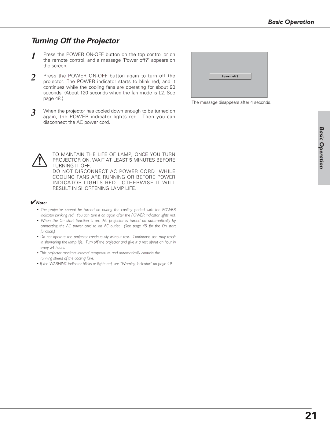 Eiki LC-SB21 owner manual Turning Off the Projector, Basic Operation 