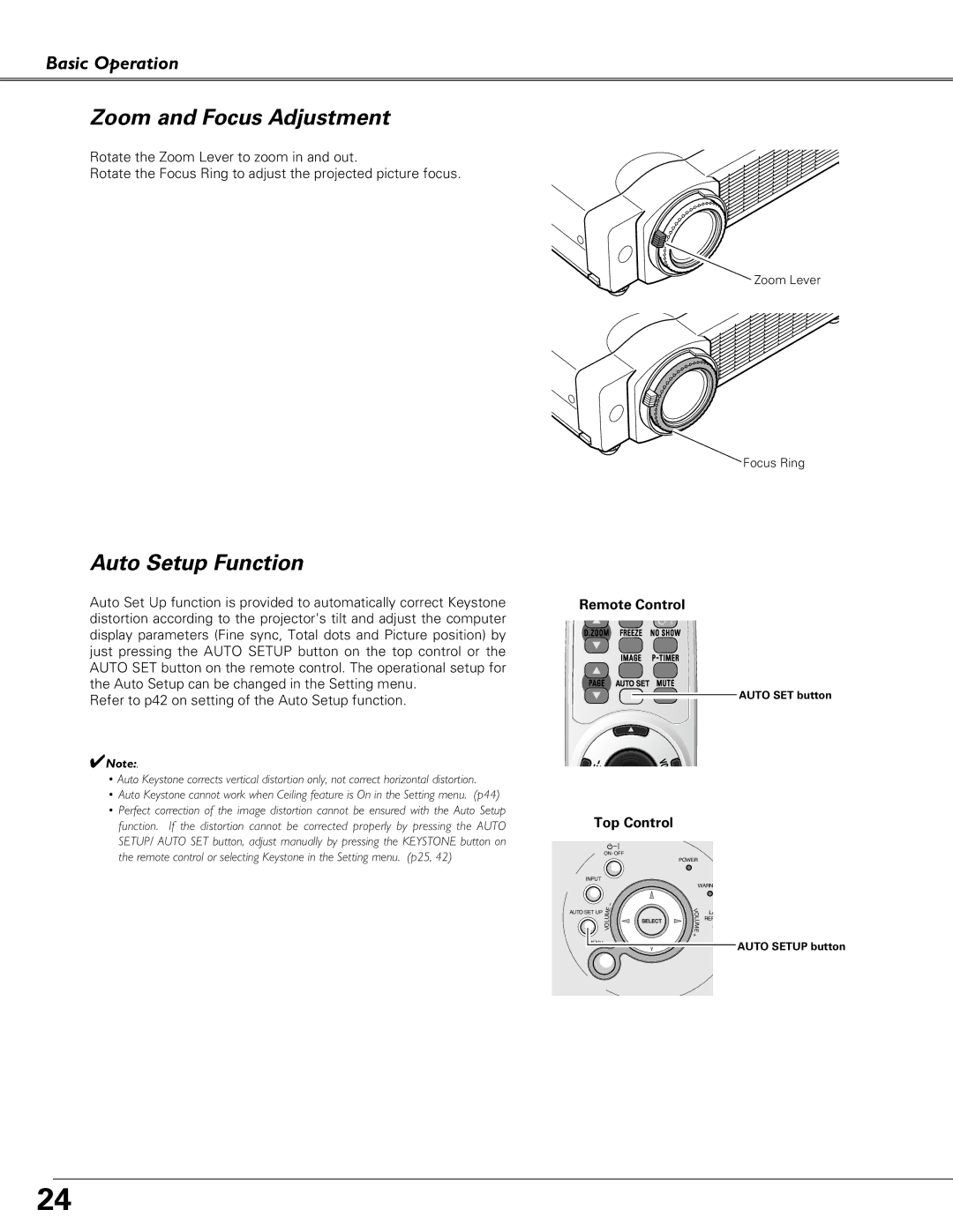 Eiki LC-SB21 owner manual Zoom and Focus Adjustment, Auto Setup Function 