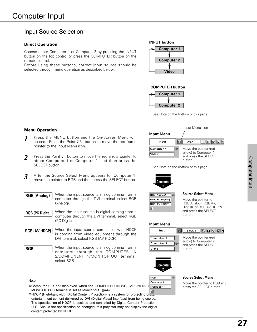 Eiki LC-SB21 owner manual Computer Input, Input Source Selection 