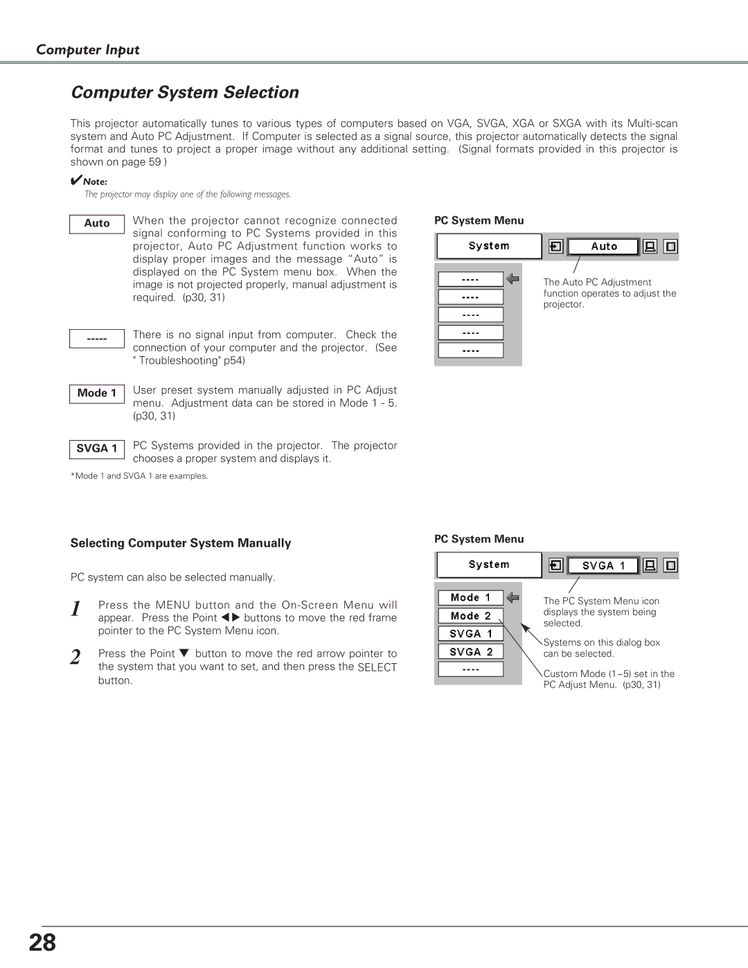 Eiki LC-SB21 owner manual Computer System Selection, Auto, Mode, PC System Menu 