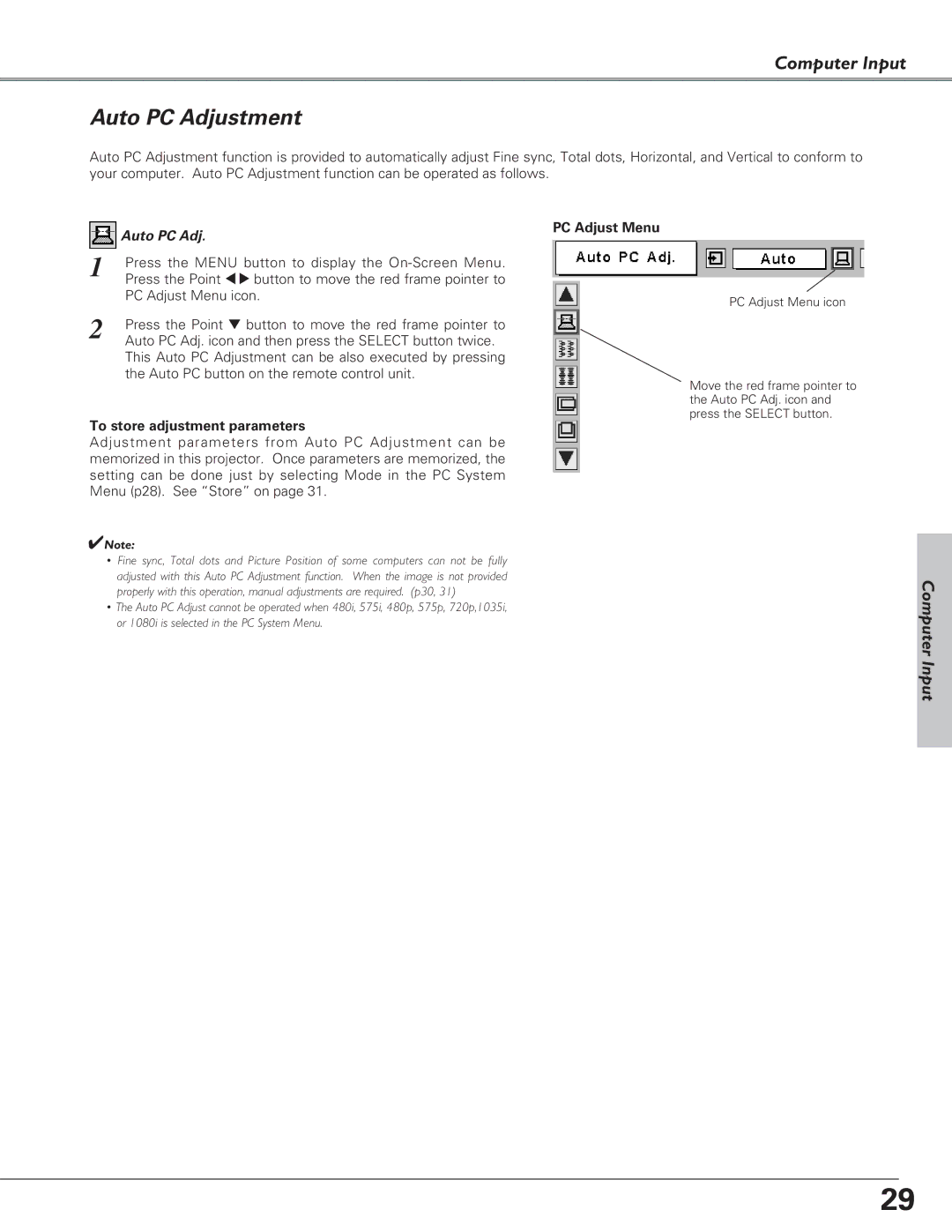 Eiki LC-SB21 owner manual Auto PC Adjustment, PC Adjust Menu, To store adjustment parameters 